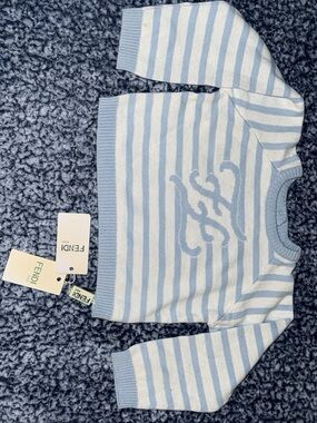 FENDI KIDS Light Blue & White Striped Crew Neck Sweater